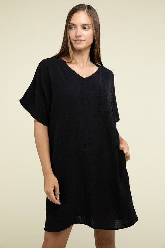 Women's Casual Relaxed V-Neck T-Shirt Dress with Pockets