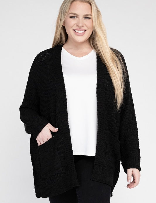 Plus Size Ribbed Knit Open Front Cardigan