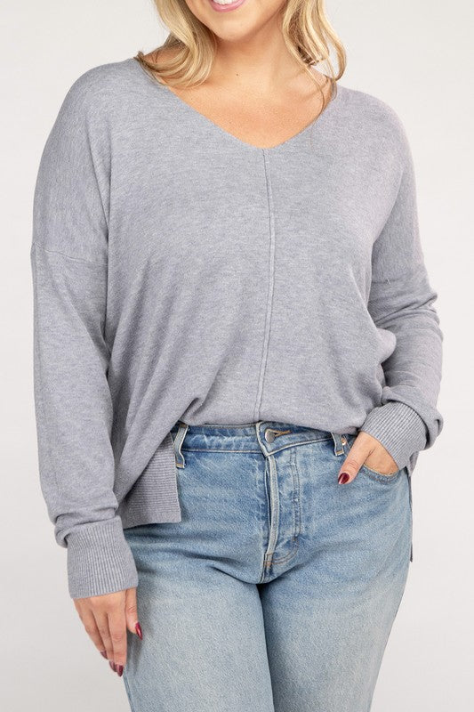 Women's Plus Oversized V-Neck Garment Dyed Sweater