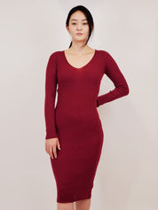 Women's V-Neck Ribbed Knit Midi Sweater Dress