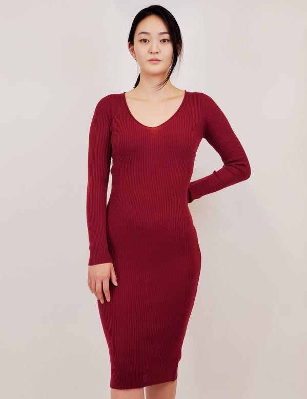 Women's V-Neck Ribbed Knit Midi Sweater Dress