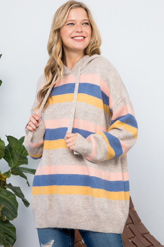 Women's Oversized Multi Stripe Pullover Hoodie Sweater