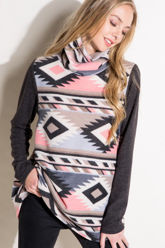 Women's Aztec Mixed Turtle Neck Top