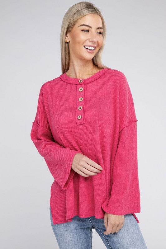 Women's Casual Ribbed Henley Sweater with Bell Sleeves