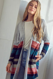 Women's Open Front Brushed Stripe Cardigan with Pockets