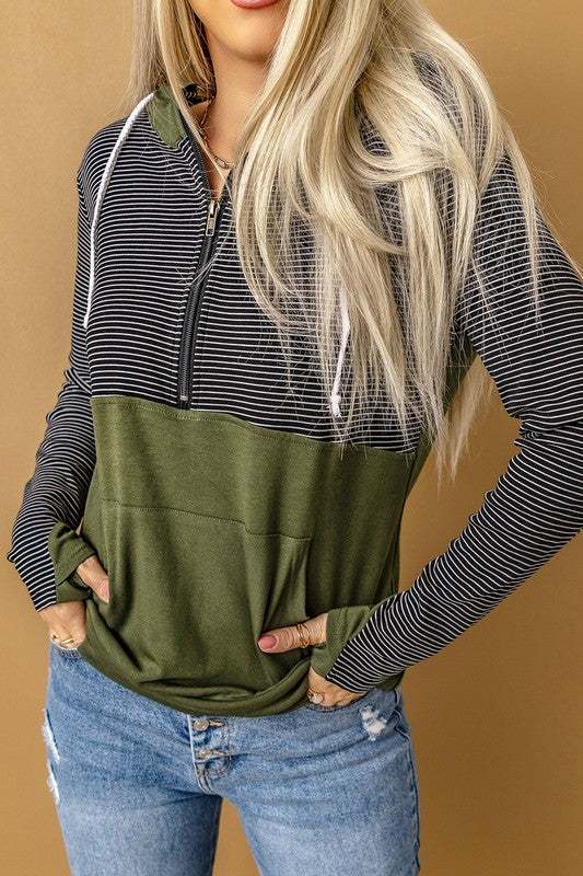 Women Half Zip Stripes Patchwork Hoodie