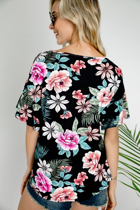 Women's Floral Ruffle Sleeve Tie Bottom Top