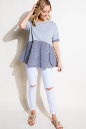 Women's Casual Checker and Solid Mix Tunic Top