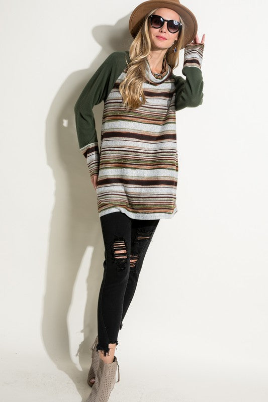 Women's Casual Multi Stripe Turtle Neck Tunic Top