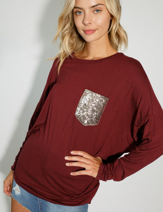 Women's Sequin Pocket Dolman Sleeve Top