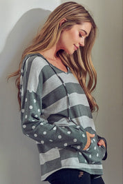 Women's Boxy Fit Polka Dot Stripe Mix Hoodie Sweatshirt