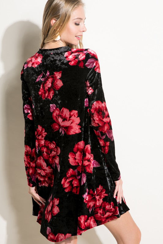 Women's Loose Fit Floral Print Velvet Swing Mini Dress