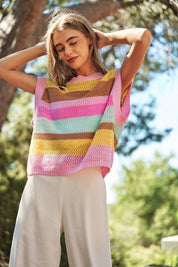 Women's Casual Crochet Multi Striped Sweater Vest