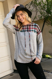 Women's Casual Regular Fit Plaid and Solid Mixed Hoodie Top