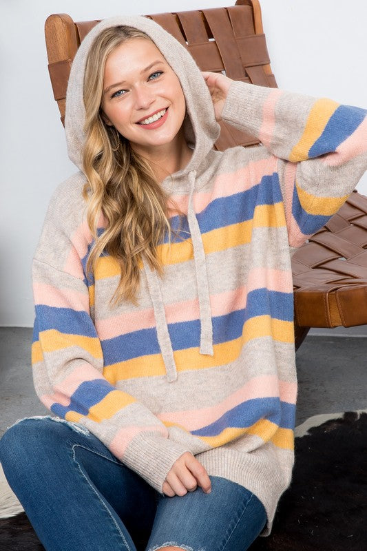 Women's Oversized Multi Stripe Pullover Hoodie Sweater