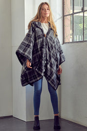 Women's Casual Plaid Toggle Cloak Poncho