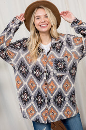 Women's Plus Oversized Fuzzy Aztec Button Down Shacket