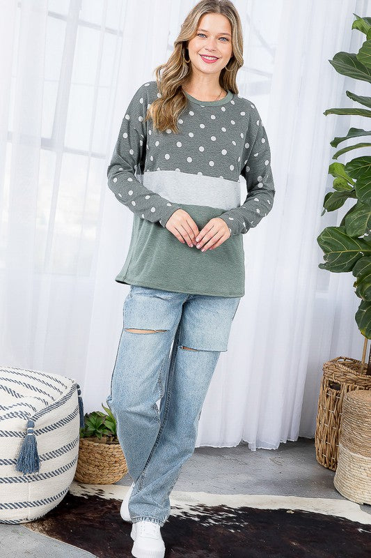 Women's Loose Fit Polka Dot Colorblock Casual Top