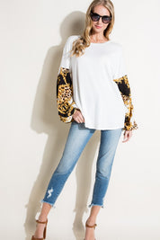 Women's Loose Fit Chain Print and Solid Long Sleeve Top