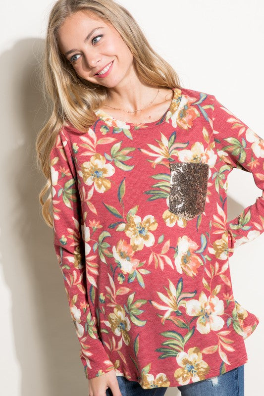 Women's Floral Sequence Pocket Round Neck Plus Top