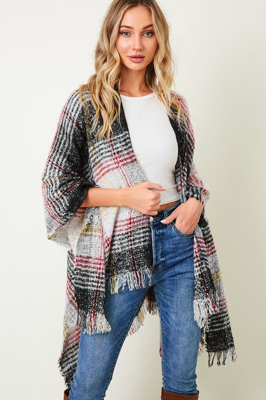 Women's Casual Multi Color Plaid Fringe Trim Poncho Shawl