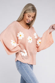 Women's Boat Neck Flower Motif Embroidered Sweater