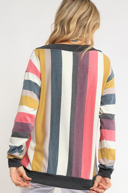 Women's Loose Fit Wide V Neck Stripe Sweatshirt