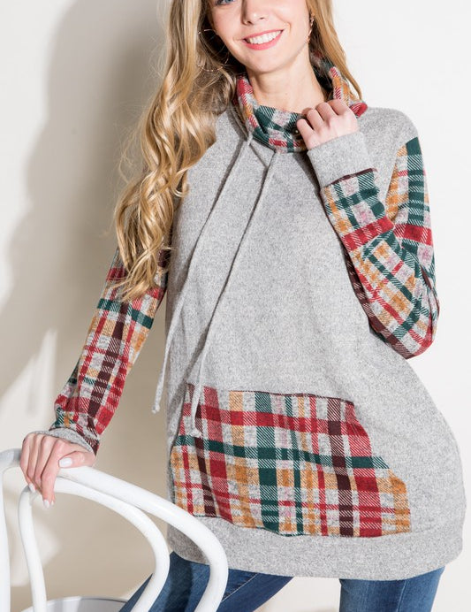 Women's Casual Plaid Mixed Turtle Neck Sweatshirt