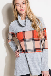 Women's Casual Loose Fit Plaid Mixed Turtle Neck Top