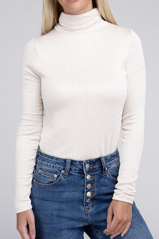 Women's Relaxed Ribbed Turtle Neck Long Sleeve Top