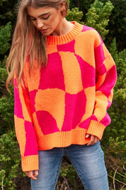 Women's Oversized Geo Checker Knit Sweater Top