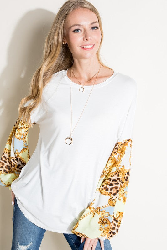 Women's Loose Fit Chain Print and Solid Long Sleeve Top