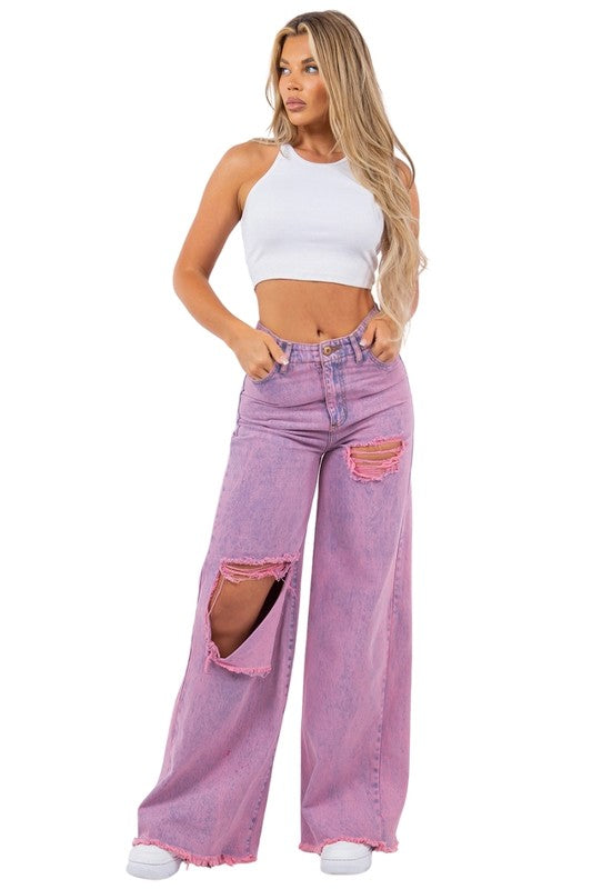 Women's Vintage Ripped Wide Leg Jeans in Mineral Pink