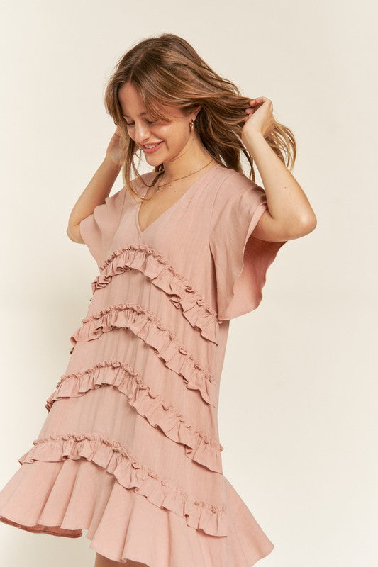 Women's Tiered Ruffle Mini Dress with Flare Sleeves