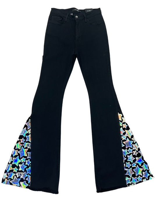 Women's High Rise Black Bell Bottom Jeans with Star Embellishments