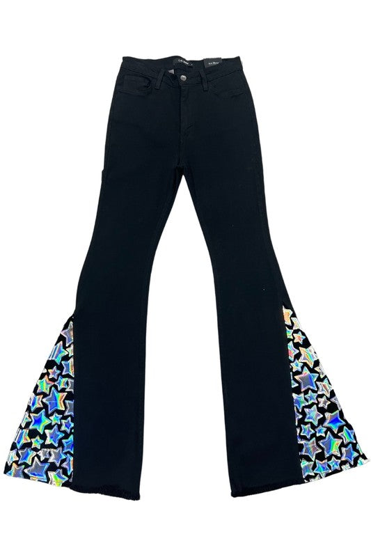 Women's High Rise Black Bell Bottom Jeans with Star Embellishments