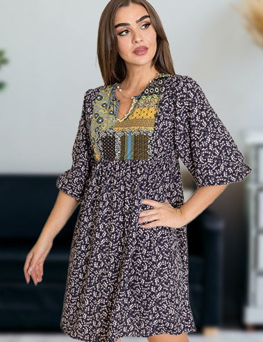 4 Sleeve Ditsy Floral Boho Dress