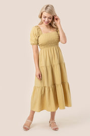 Women's Tiered Long Dress with Puff Sleeves