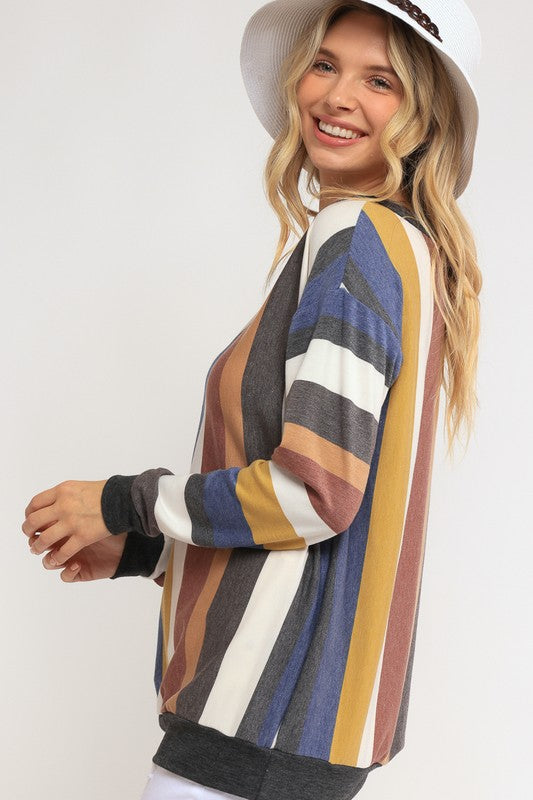 Women's Loose Fit Wide V Neck Stripe Sweatshirt