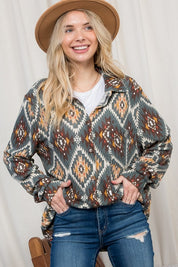 Women's Plus Oversized Fuzzy Aztec Button Down Shacket