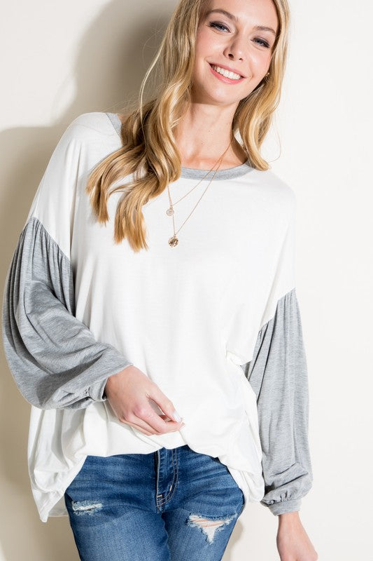 Women's Loose Fit Color Block Puff Sleeve Top