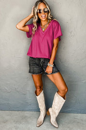 Women's Bright Pink Wide Sleeve Crinkled V Neck T-shirt