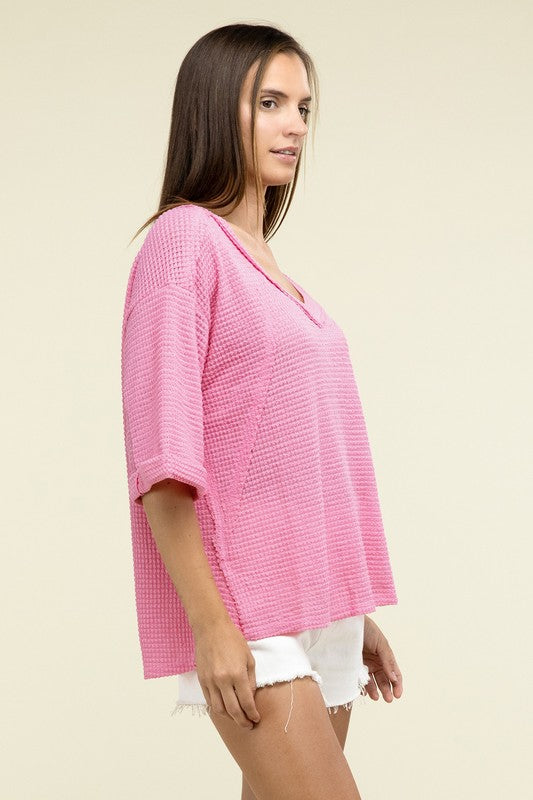 Brushed Waffle Exposed-Seam 3/4 Sleeve Top