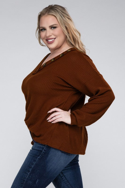 Plus Size Oversized Waffle Knit V-Neck Button Sweater