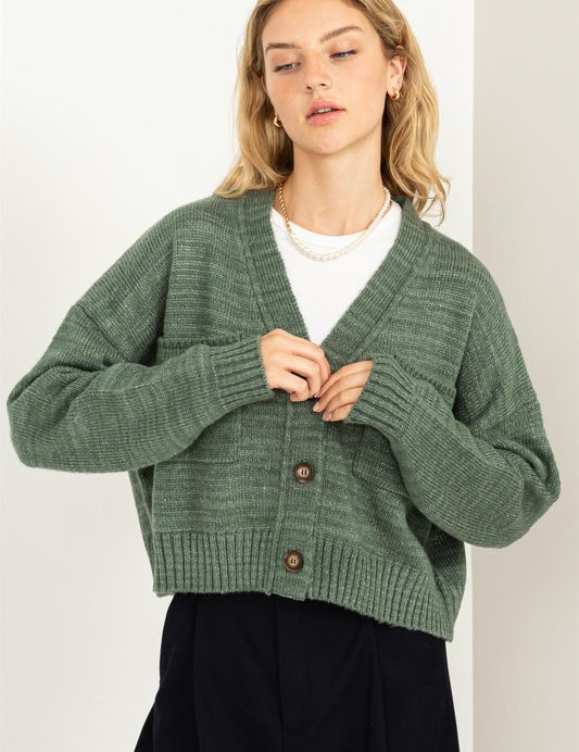 Women's Cropped V-Neck Cardigan Sweater with Button Closure