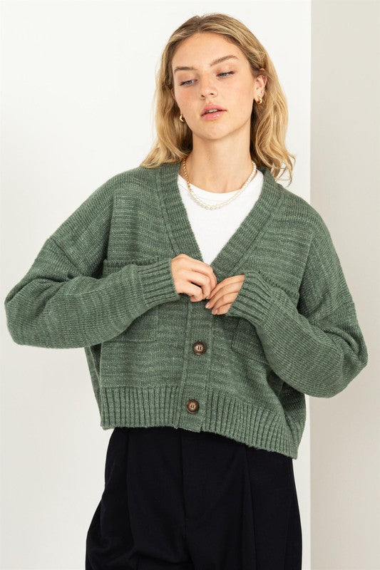 Women's Cropped V-Neck Cardigan Sweater with Button Closure