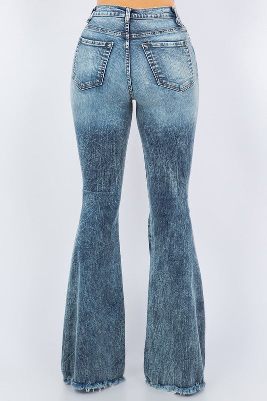 Women's High Rise Bell Bottom Jeans with Frayed Hem