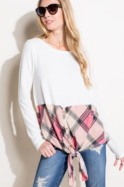 Women's Casual Plaid Mixed Button Front Tie Top