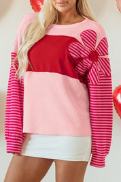 Women's Textured Knit Top with Striped Sleeves and Floral Patch