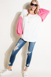 Women's Loose Fit Color Block Puff Sleeve Top